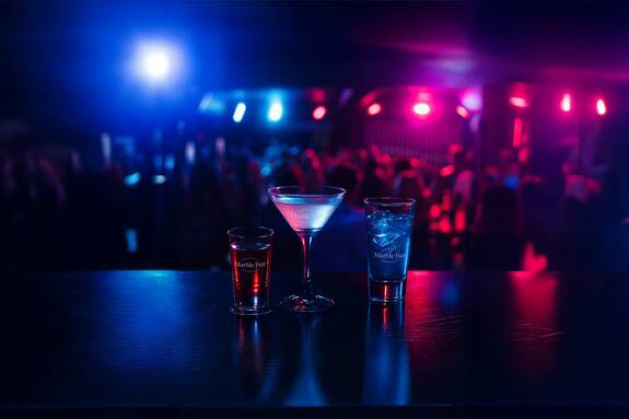 Barszene mit einem Shotglas links, Cocktailglas in der Mitte und ein etwas größeres Shotglas rechts daneben. Alle mit dem Barlogo veredelt. Im Hintergrund eine Tanzfläche mit Lichtern.