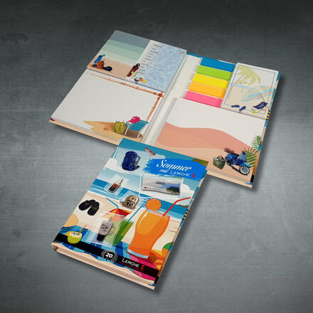 Aufgeklapptes Haftnotizbuch als Messe-Werbeartikel mit bunten Haftnotizen, Notizblock und individuell bedrucktem Einband von Lerche: Werbemittel auf neutralem Hintergrund fotografiert Aufgeklapptes Haftnotizbuch als Messe-Werbeartikel mit bunten Haftnotizen, Notizblock und individuell bedrucktem Einband von Lerche: Werbemittel auf neutralem Hintergrund fotografiert