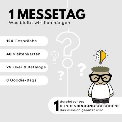 Infografik zum Thema Messe-Werbeartikel von Lerche: Ein Messetag mit 120 Gesprächen, 40 Visitenkarten, 25 Flyern und 8 Goodie-Bags wird einem nachhaltigen Werbeartikel gegenübergestellt, der dauerhaft genutzt wird. Infografik zum Thema Messe-Werbeartikel von Lerche: Ein Messetag mit 120 Gesprächen, 40 Visitenkarten, 25 Flyern und 8 Goodie-Bags wird einem nachhaltigen Werbeartikel gegenübergestellt, der dauerhaft genutzt wird.