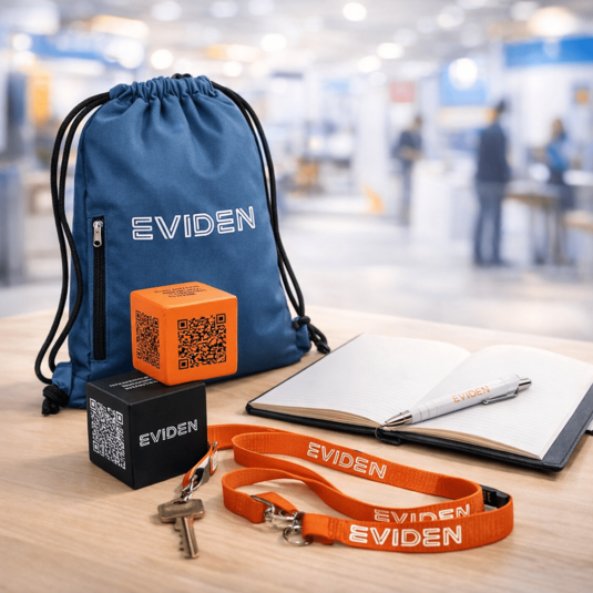 Messe-Werbeartikel für Recruiting- und Ausbildungsmessen: Turnbeutel, QR-Code-Würfel, Notizbuch, Kugelschreiber und Lanyard mit Eviden-Logoaufdruck im Einsatz Messe-Werbeartikel für Recruiting- und Ausbildungsmessen: Turnbeutel, QR-Code-Würfel, Notizbuch, Kugelschreiber und Lanyard mit Eviden-Logoaufdruck im Einsatz