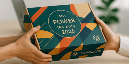 Neujahrsgeschenke mit Firmenlogo in individuell bedruckter Box