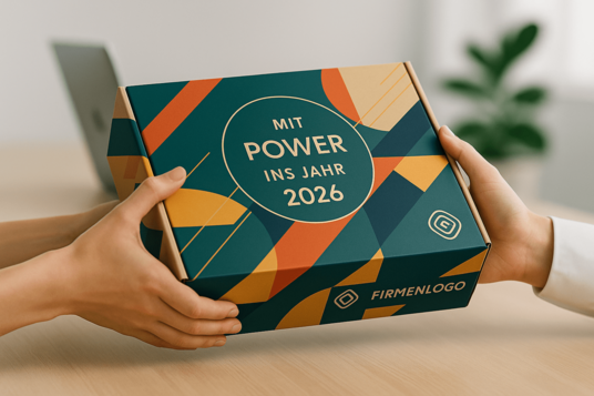 Neujahrsgeschenke mit Firmenlogo in individuell bedruckter Box