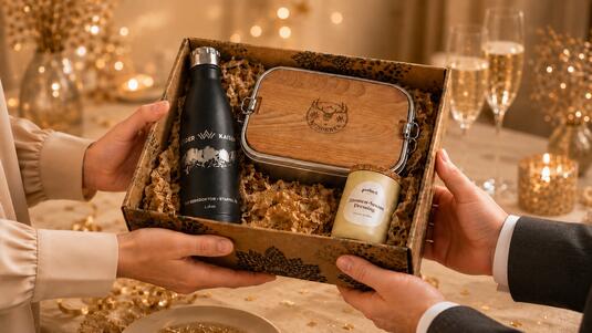 Neujahrsgeschenk für Mitarbeiter und Kunden in individuell bedruckter Geschenkbox Neujahrsgeschenk für Mitarbeiter und Kunden in individuell bedruckter Geschenkbox