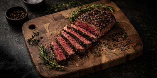 Werbe-Holzschneidebrett aus Akazie mit Fleisch