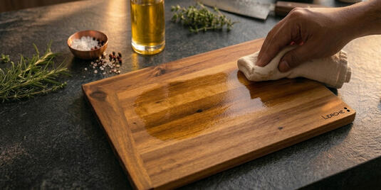 Werbe-Holzschneidebrett Pflege mit Öl