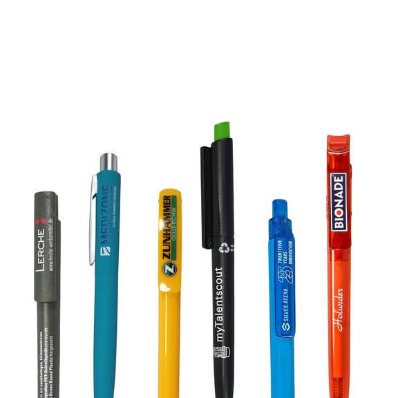 Bunte Werbekugelschreiber mit Logo-Aufdruck, Druckmechanik ohne Deckel – farbenfrohe Werbemittel in Blau, Gelb, Rot, Grün und Türkis