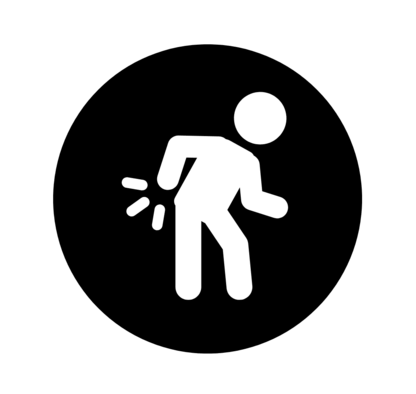 Piktogramm einer Person mit Schmerzen im unteren Rückenbereich, dargestellt durch Linien und Bewegungssymbole auf schwarzem Hintergrund.