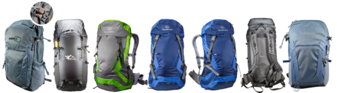 Sieben unterschiedlich gestaltete Wanderrucksäcke stehen nebeneinander. Die Modelle variieren in Farbe, Größe und Ausstattung. Ein blaugrauer Rucksack links im Bild zeigt in einer vergrößerten Detailansicht eine stabile Steckschließe. Die übrigen Rucksäcke sind in Grau-, Blau- und Grüntönen gehalten, teilweise mit reflektierenden Elementen, gepolsterten Schultergurten und aufgestickten Logos.