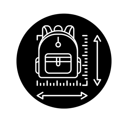 Symbol eines Rucksacks mit Maßpfeilen in Höhe und Breite, dargestellt in einem grauen Kreis.