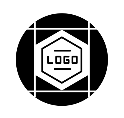 Symbol eines Logos in einem sechseckigen Rahmen mit Markierungen zur Positionierung, in Weiß auf rotem Kreis.