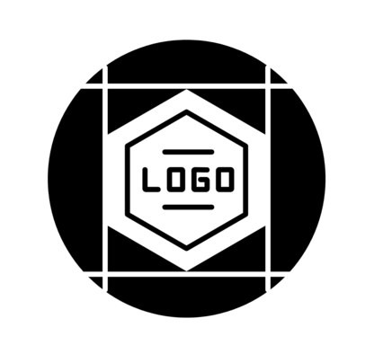 Symbol eines Logos in einem sechseckigen Rahmen mit Markierungen zur Positionierung, in Weiß auf rotem Kreis.