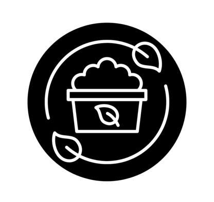 Symbol eines Behälters mit Blättern und Recyclingpfeilen, dargestellt in Weiß auf schwarzem Hintergrund.