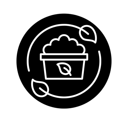 Symbol eines Behälters mit Blättern und Recyclingpfeilen, dargestellt in Weiß auf schwarzem Hintergrund.