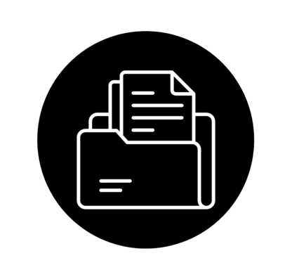 Symbol eines Ordners mit herausragenden Dokumenten, in Weiß auf grauem Kreis.