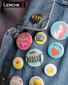 Individuelle Werbe-Buttons mit Nadel oder Magnet für Kleidung und Textilien 2023/24