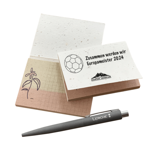 Bedruckbarer Haftnotizblock aus Graspapier als nachhaltiger EM Werbeartikel 