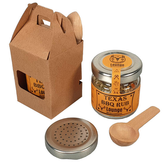 Texas BBQ Rub mit Streudeckel und Holzlöffel in umweltfreundlicher Geschenkverpackung