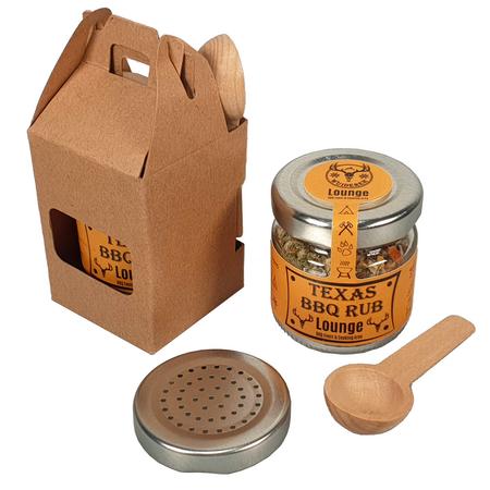 Texas BBQ Rub mit Streudeckel und Holzlöffel in umweltfreundlicher Geschenkverpackung
