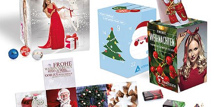 Adventskalender Cube mit fünf bedruckbaren Werbeflächen und feinster Markenschokolade