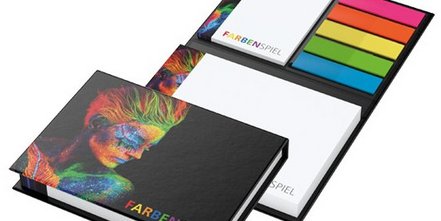 Made in Germany: Hochwertige Haftnotizen als Werbeartikel für Büro und Office im vollflächig bedruckbaren Bookcover-Umschlag