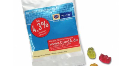 Fruchtgummi „Hasen“ in der Minitüte mit Werbung bedruckt