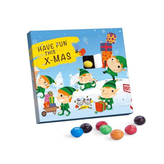 Bedruckbare XS Adventskalender, aus Recycling-Material, mit M+M's gefüllt