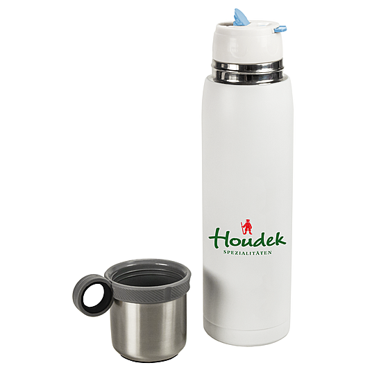 Stilvolle Vakuum Kanne mit integriertem Becher und individuellem Werbelogo