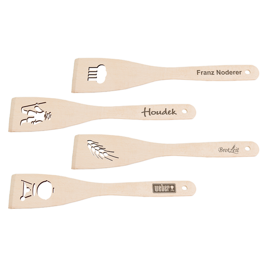 Praktische Pfannenwender mit verschiedenen Laserschnitten und individueller Lasergravur