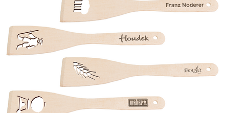 Praktische Pfannenwender mit verschiedenen Laserschnitten und individueller Lasergravur