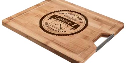 Topseller 2017: Hochwertiges Schneidebrett aus Bambus &quot;ELEGANCE&quot; mit Edelstahlgriff und Saftrille als individuelles Werbemittel