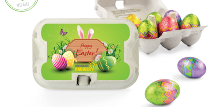 Mini-Schokoeier in Eierkarton mit Werbedruck