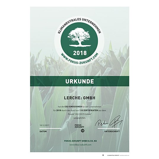 Wir setzen uns für Nachhaltigkeit ein: Urkunde Fokus-Zukunft für klimaneutrales Unternehmen