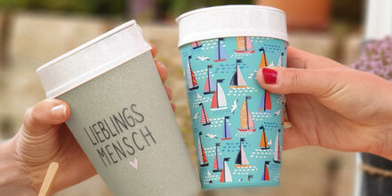 Coffee to go Becher als Werbemittel aus Kunststoff, Porzellan und Edelstahl