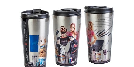 Coffee2go-Becher aus Metall mit individuellem Fotodruck als Werbeartikel