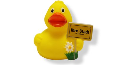 Neu im Sortiment: Badeenten mit Städteschild für deutsche Ortsschilder mit Aufdruck