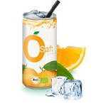 Bio-Orangensaft in Dose mit Logolabel als süßes Werbemittel