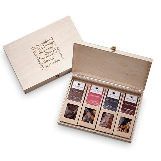 4er Birkenholzbox mit Premiumsnaks als Werbegeschenk