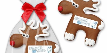 Süßes Lebkuchen Rentier - von Hand verziert mit individueller Werbung auf Marzipan