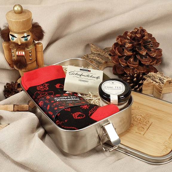 Individuelles Weihnachts-Geschenkset verpackt in Edelstahl Lunchbox mit Bambusdeckel