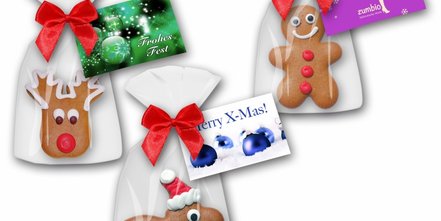 Werbe Lebkuchen-Figuren mit Zuckerguss von Hand verziert und individuell bedruckter Karte