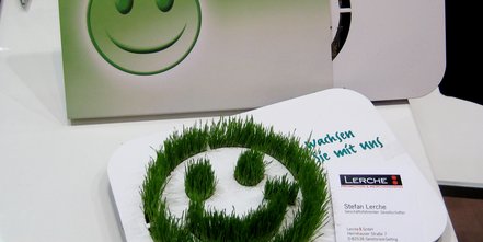 Werbemittel grüner Rasen wachsend in Smiley-Gesichtform oder nach Design-Vorlage
