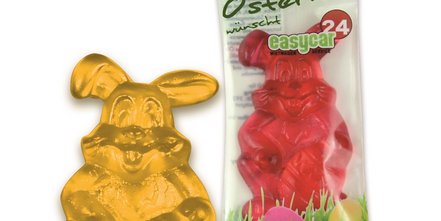 Zu Ostern: 1-er Fruchtgummi-Osterhase in bedrucktem Werbe-Flowpack
