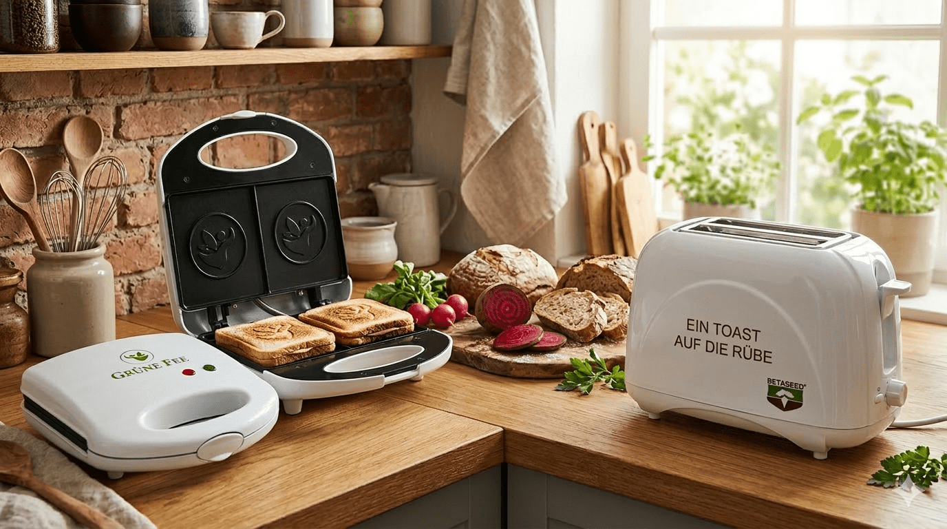 In einer Küchenszene werden verschiedene Küchengeräte gezeigt. Darunter ein Sandwichmaker, ein Toaster und ein Waffeleisen mit Logo.
