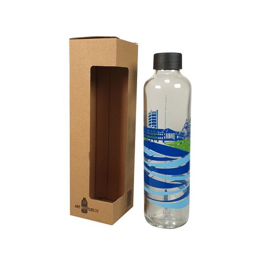 Bunte Glasflasche mit individuellem Künstlermotiv und Kartonverpackung Bunte Glasflasche mit individuellem Künstlermotiv und Kartonverpackung
