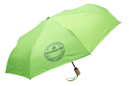 Hellgrüner Taschenschirm mit schwarzem Gestänge und Holzgriff. Auf einem Schirmsegment befindet sich ein dunkler, runder Aufdruck mit Text.