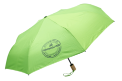 Hellgrüner Taschenschirm mit schwarzem Gestänge und Holzgriff. Auf einem Schirmsegment befindet sich ein dunkler, runder Aufdruck mit Text.