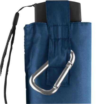 Nahaufnahme eines blauen Stoffetuis mit angenähter Schlaufe und silbernem Karabinerhaken. Oben ist der Griff eines zusammengefalteten Schirms zu sehen, daneben ein schwarzes Trageband.