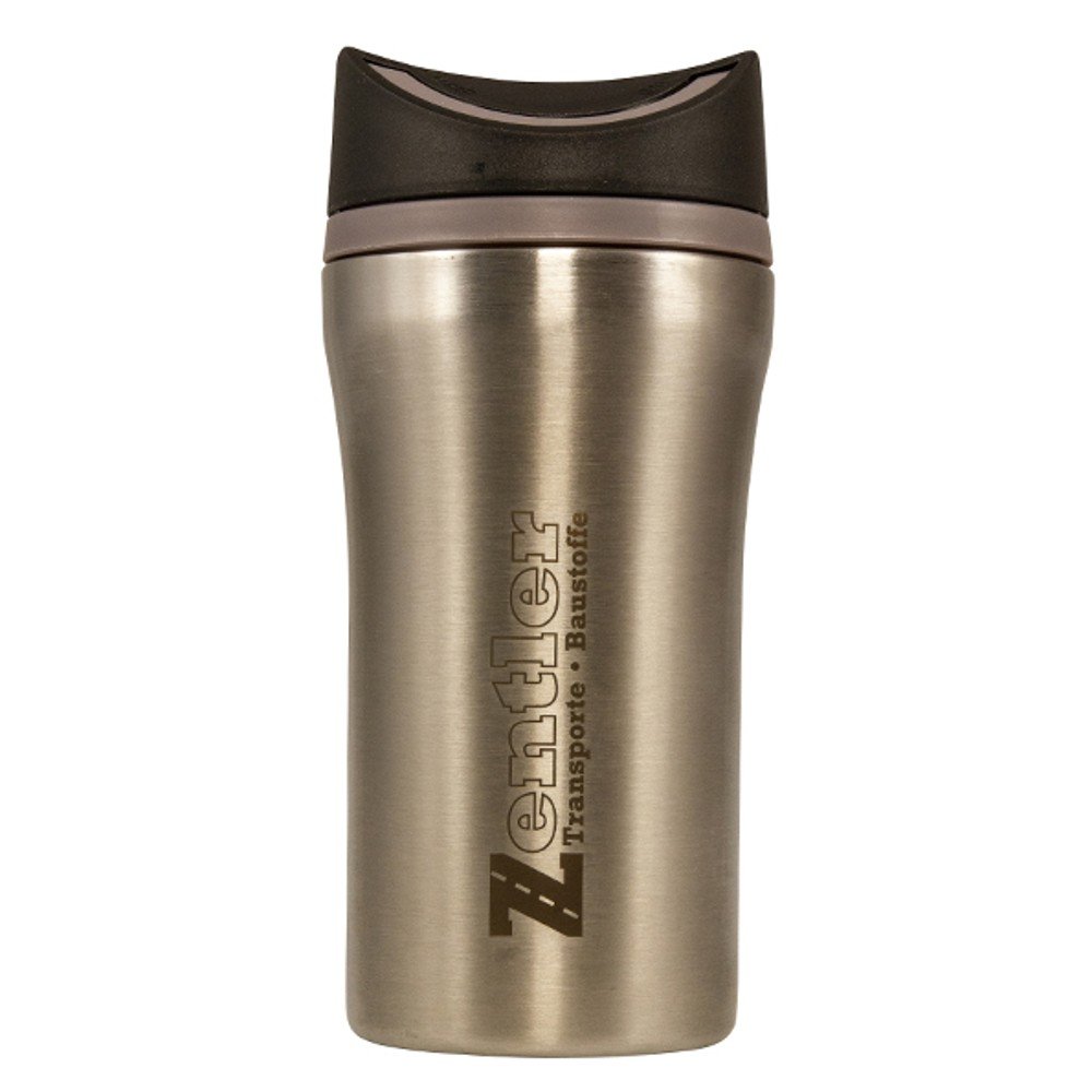 100 % nachhaltiger Kaffeegenuss: Mehrweg-Werbe-Coffee to go Becher aus Edelstahl mit 2 farbiger Logo-Lasergravur und spülmaschinengeeignet hell-dukel Optik