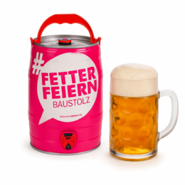 Werbeartikel 5L Bierfass mit Logo – individuelles Partyfass mit Maßkrug und Schaumkrone von Lerche: