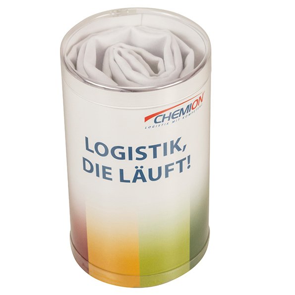 Active Towel Werbe-Sporthandtuch in der Runddose mit individuellem bedrucktem Werbeeinleger